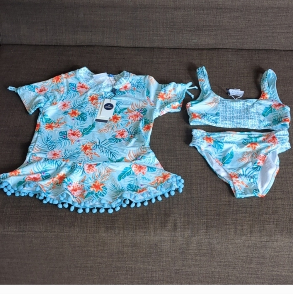 CABANA LIFE Girls-Cayman/Floral Rashguard 3PcSet Size 12 UPF 50+ Sun protec NWT